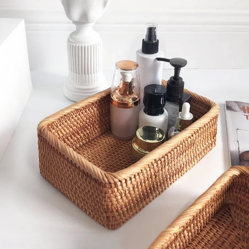 Hand Woven Rattan Basket Rectangular Storage Fruit Bread Snack Cosmetic Organizer