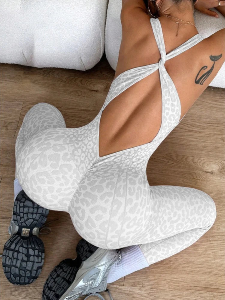 Leopard Print Yoga Jumpsuit Women Open Back Gym Bodysuit V Neck Slim Fit Fitness One Piece
