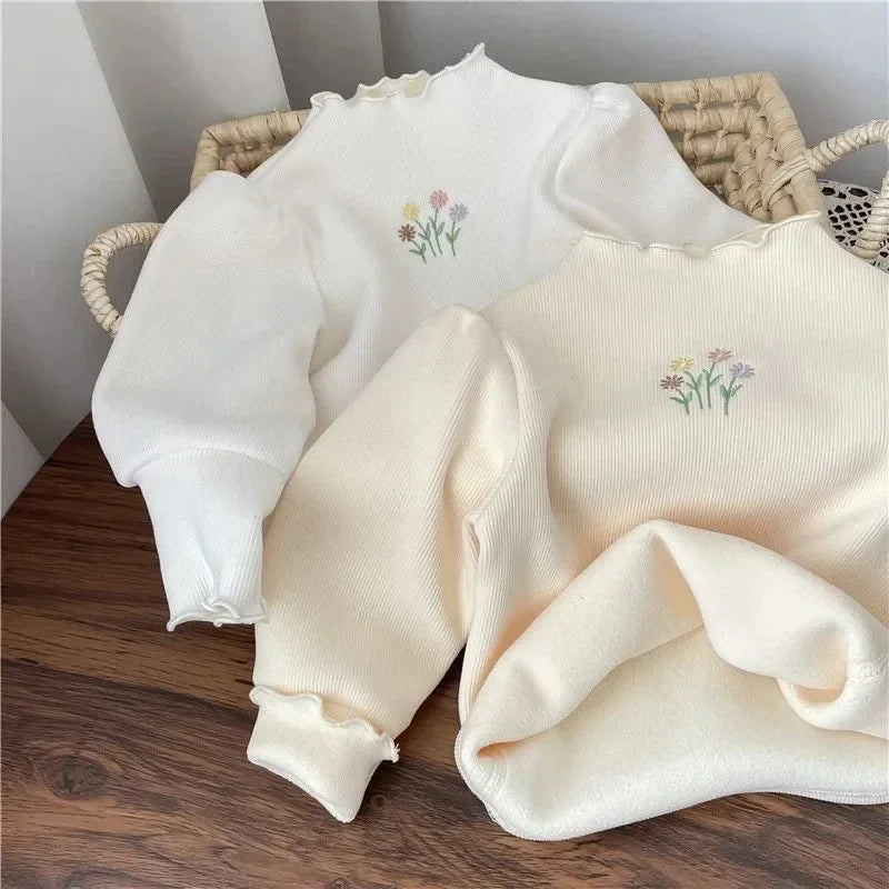 Baby Girls Winter Sweater Puff Sleeve Flower Embroidery Top 1–6 Years