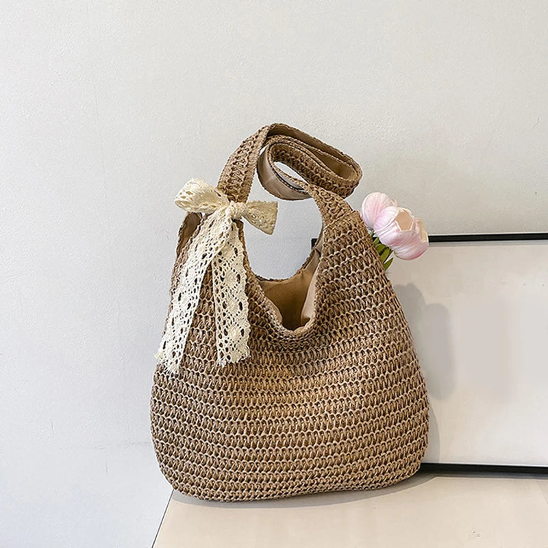 Woven Rattan Shoulder Bag Large Capacity Summer Straw Tote for Women