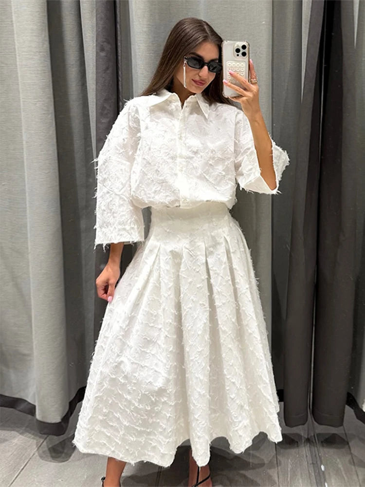 Women Pleated Skirt Set Long Sleeve Shirt and Maxi Skirt Outfit
