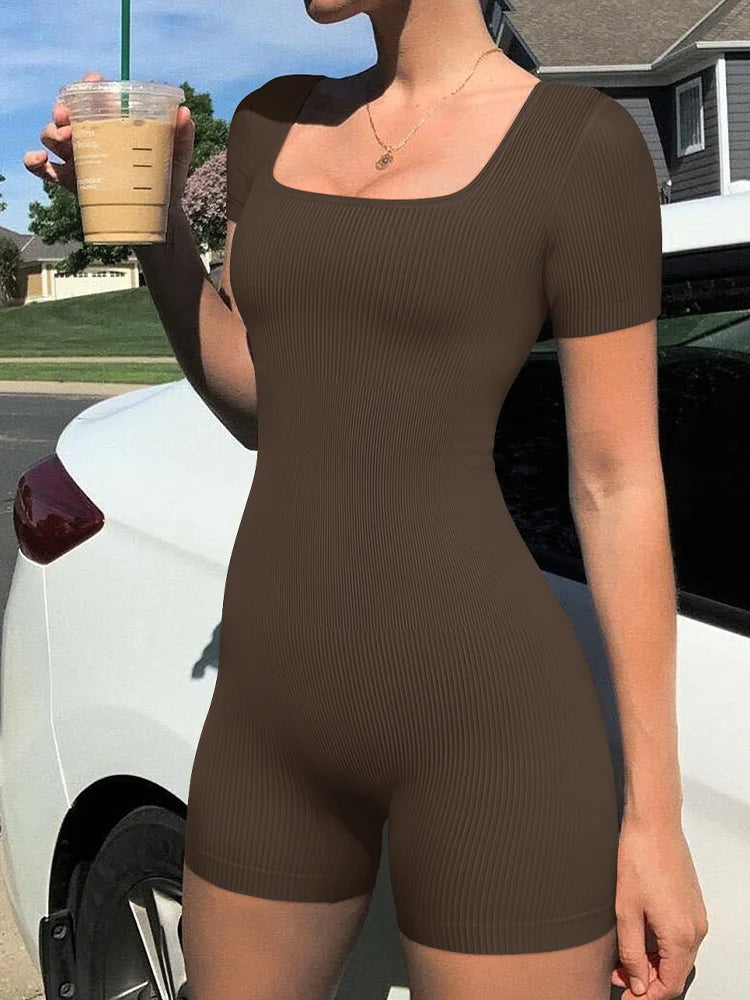Women Square Neck Bodycon Jumpsuit High Waist Short Sleeve One Piece Outfit
