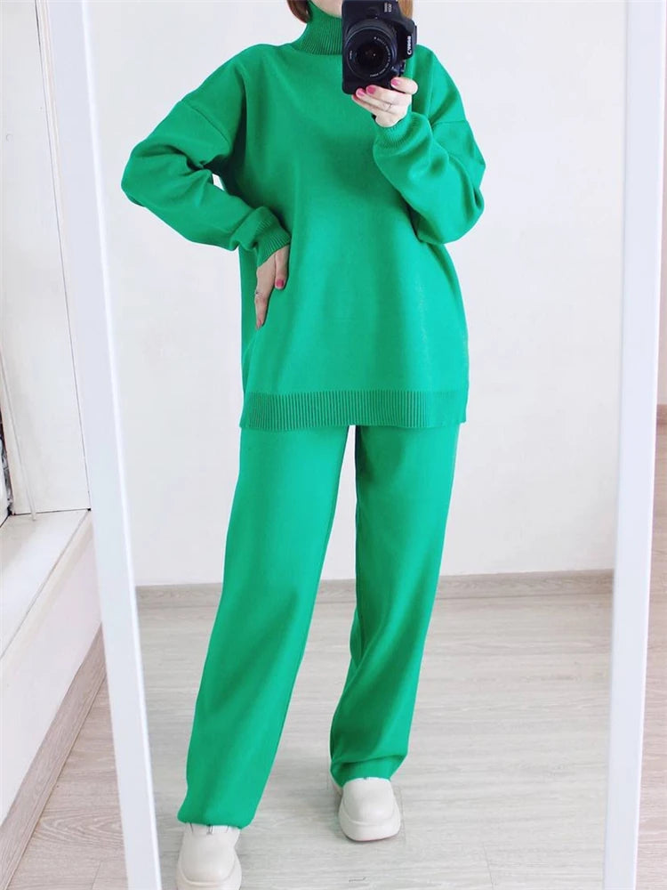 Women Knitted Two Piece Set Turtleneck Sweater and Straight Jogger Pants Winter Tracksuit