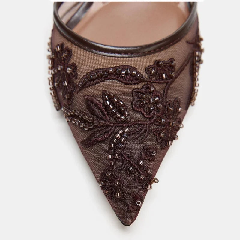 Women Mesh Pointed Toe High Heels Elegant Beaded Pumps Summer Sandals