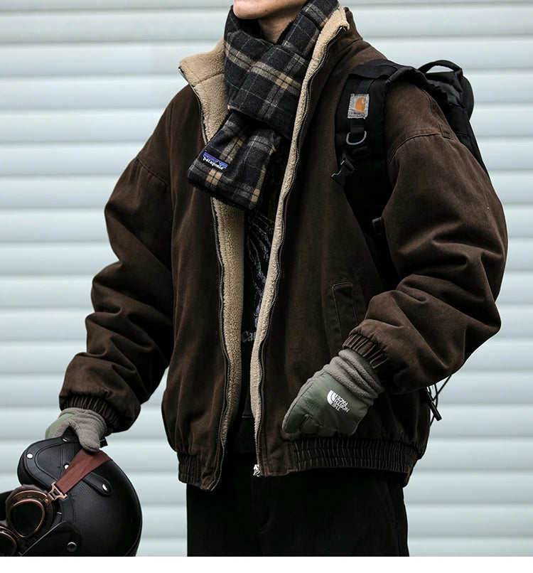 Men Vintage Polar Fleece Jacket Thick Winter Warm Loose Fit Streetwear Coat