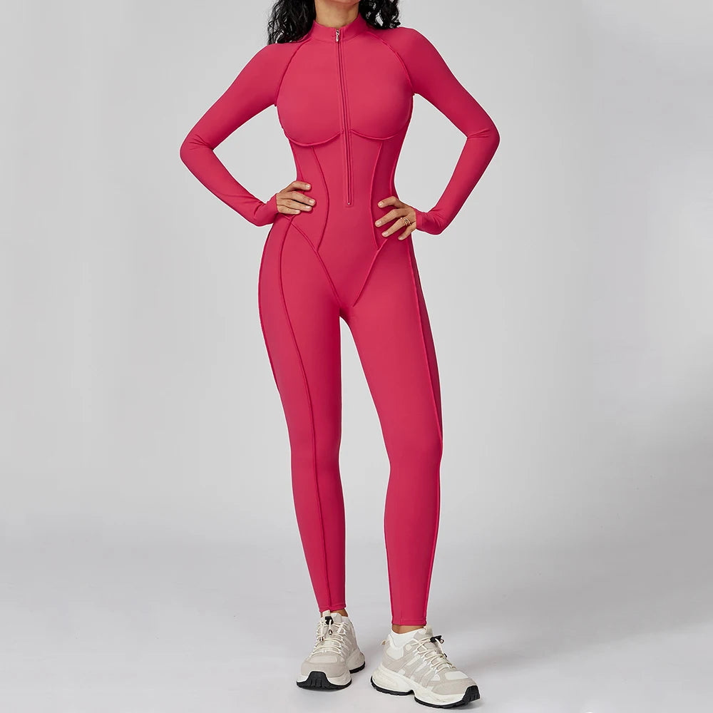 Women Long Sleeve Zip Front Fitness Jumpsuit Body Shaping One Piece Workout Suit