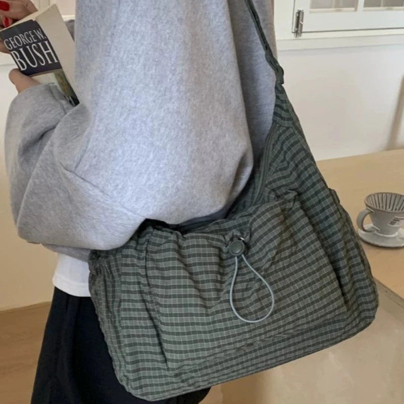 Nylon Shoulder Bag Plaid Tote Crossbody Drawstring Cloud Commuter Bag