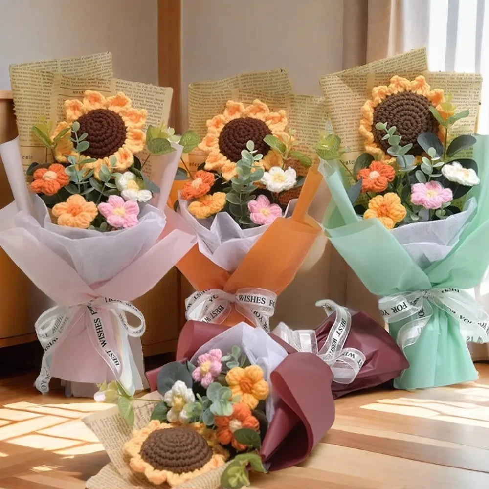 Handmade Crochet Flower Bouquet Sunflower Daisy Eternal Artificial Gift for Mother’s Day Birthday