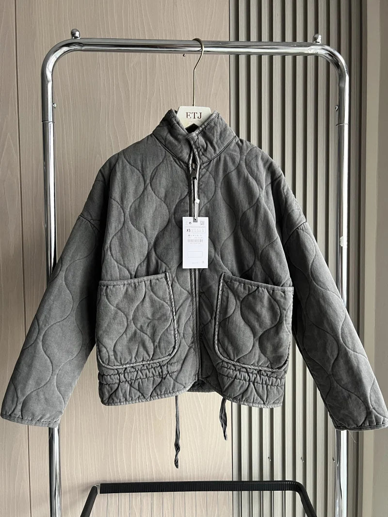 Women Quilted Padded Jacket High Collar Large Pocket Vintage Winter Coat