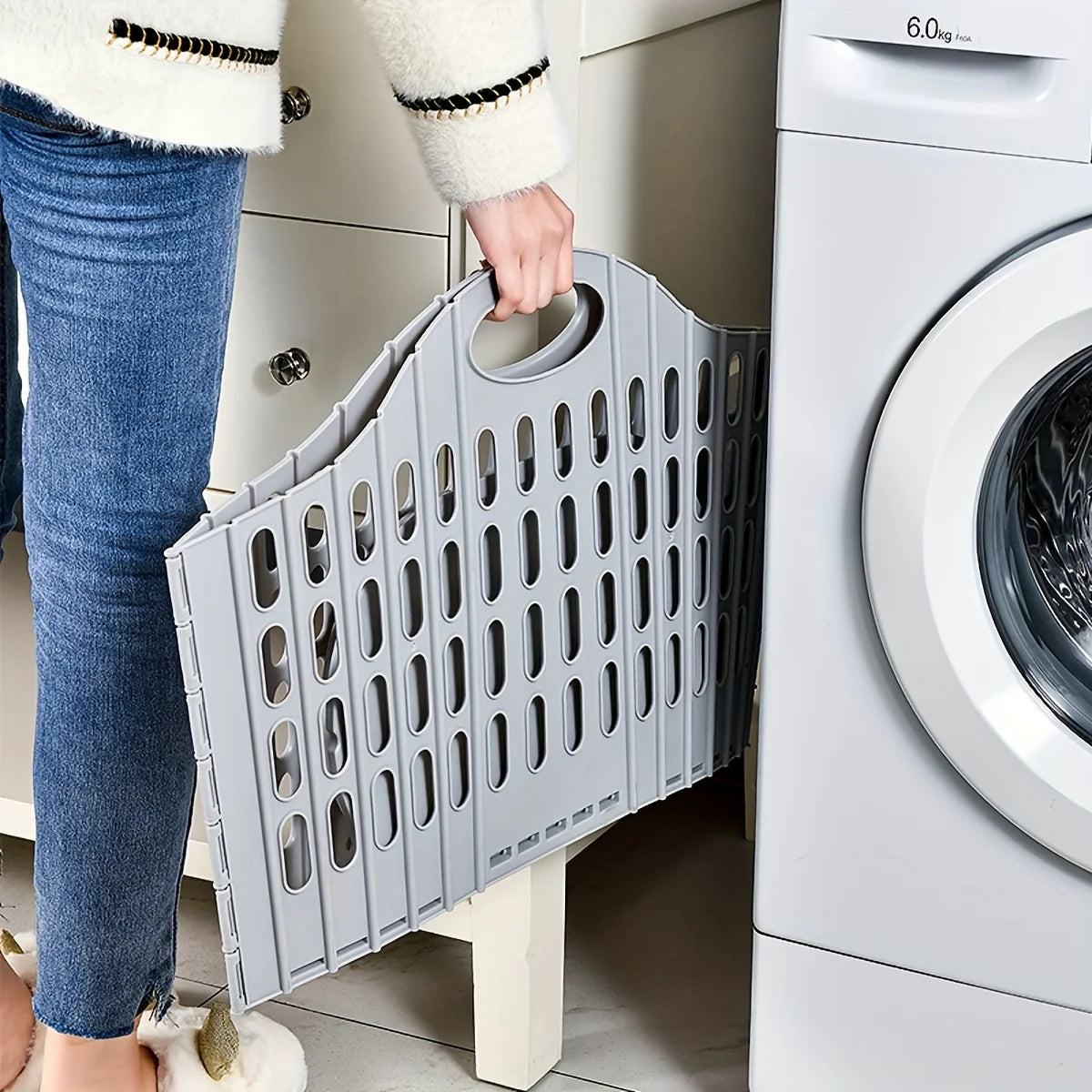 Foldable Laundry Basket Plastic Rectangular with Handle Breathable Lightweight Storage