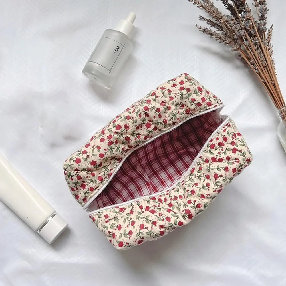 Floral Quilted Zipper Makeup Bag Cosmetic Storage Travel Organizer Pouch