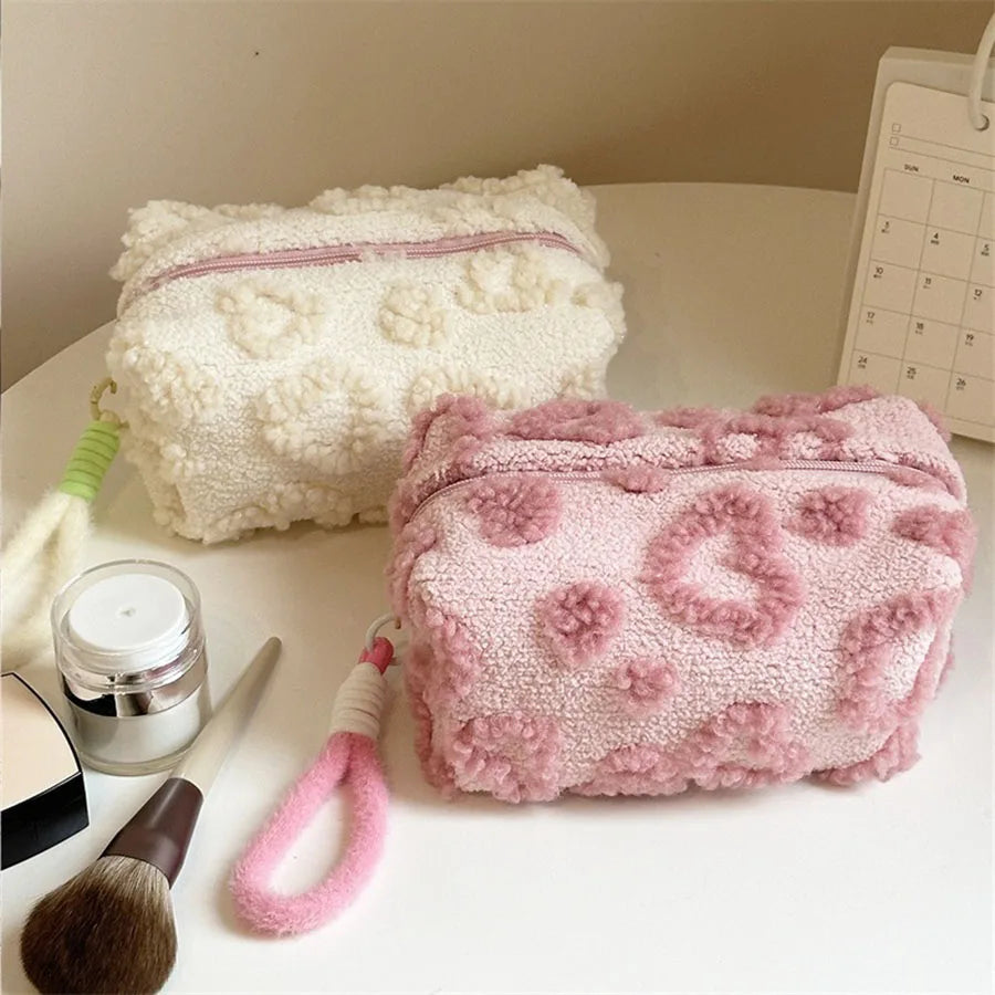 Plush Makeup Bag with Handle Travel Cosmetic Organizer Cute Love Print Storage Pouch