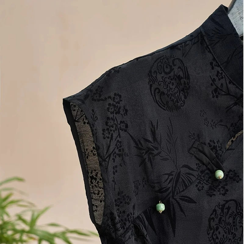 Women Chinese Style Jacquard Cheongsam Top Black Short Sleeve Retro Summer Shirt