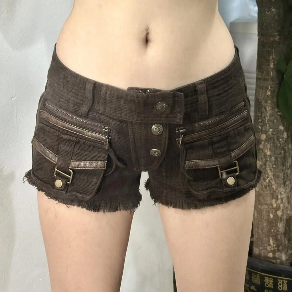 Women Multi Pocket Low Waist Denim Shorts Y2K Hot Pants Hip Hop Style Mini Shorts