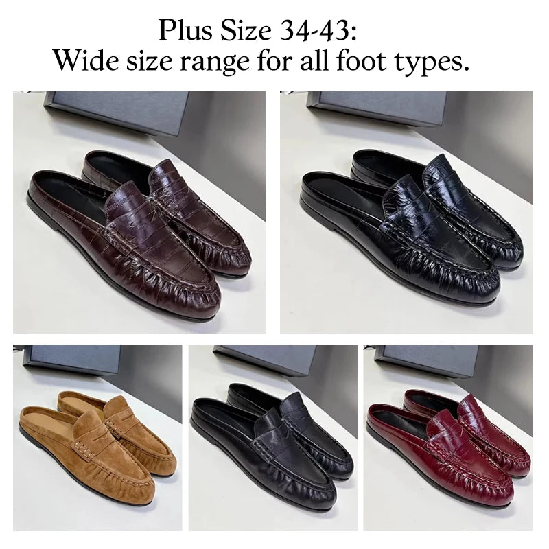 Women Leather Mules French Style Slip On Flat Slides Casual Plus Size 34-43 2026