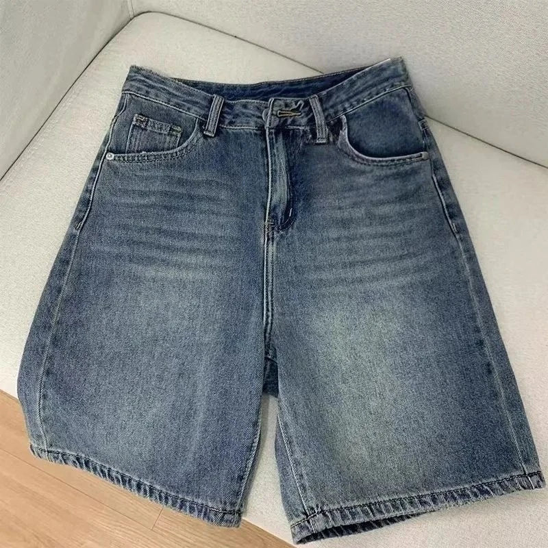 Women Denim Shorts High Waist Wide Leg Knee Length Casual Jeans Summer Fashion