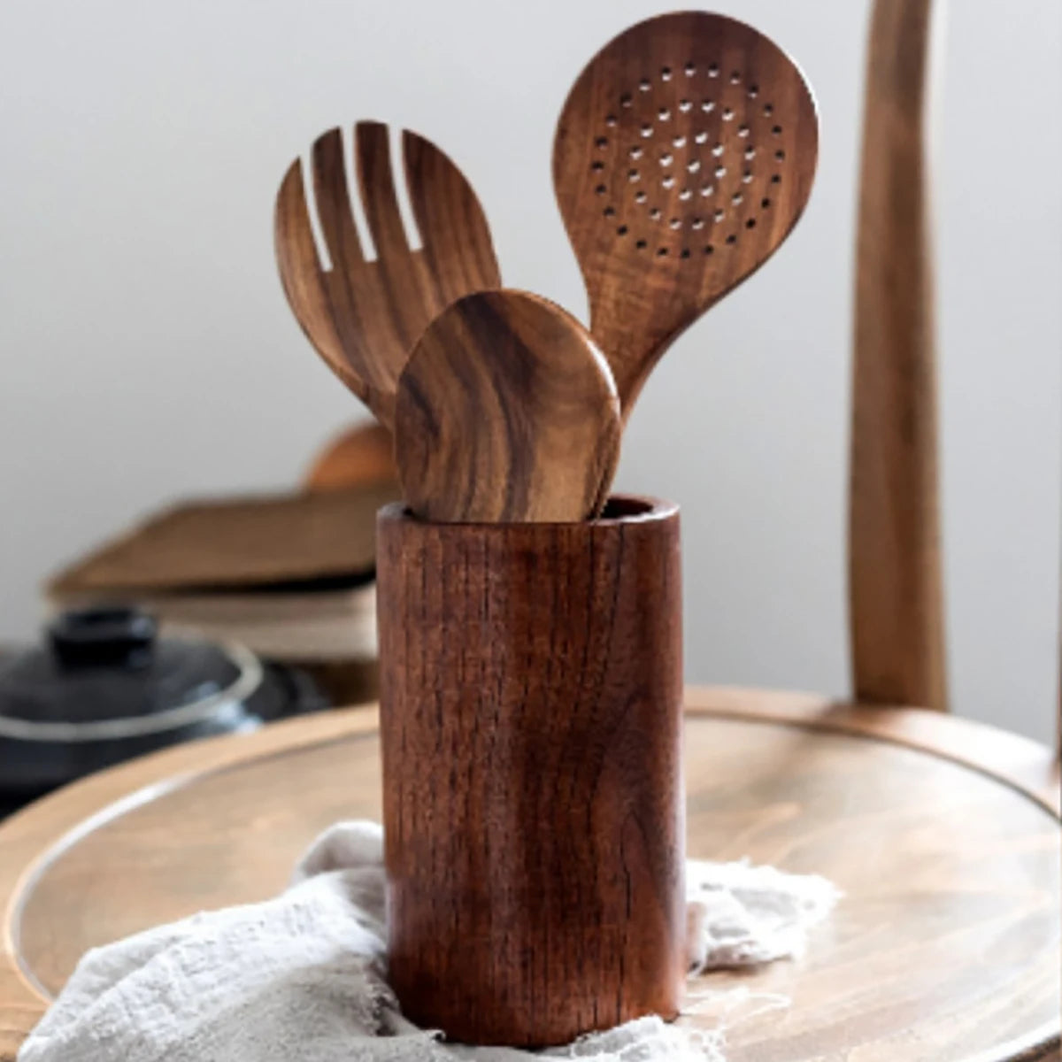 Wood Kitchen Cooking Utensil Set Spatula Spoon Fork Salad Baking Tools with Holder