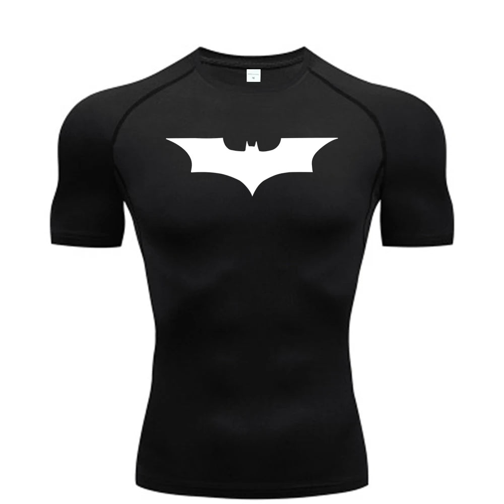 Men Bat Print Compression T Shirt Short Sleeve Gym Running Fitness Tee
