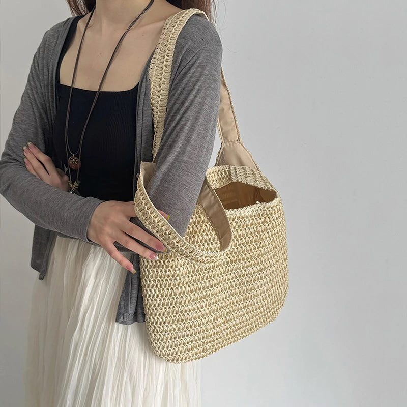 Woven Rattan Shoulder Bag Large Capacity Summer Straw Tote for Women