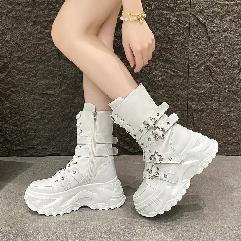 Women Round Toe Lace Up Platform Mid Calf Boots Non Slip Autumn Winter
