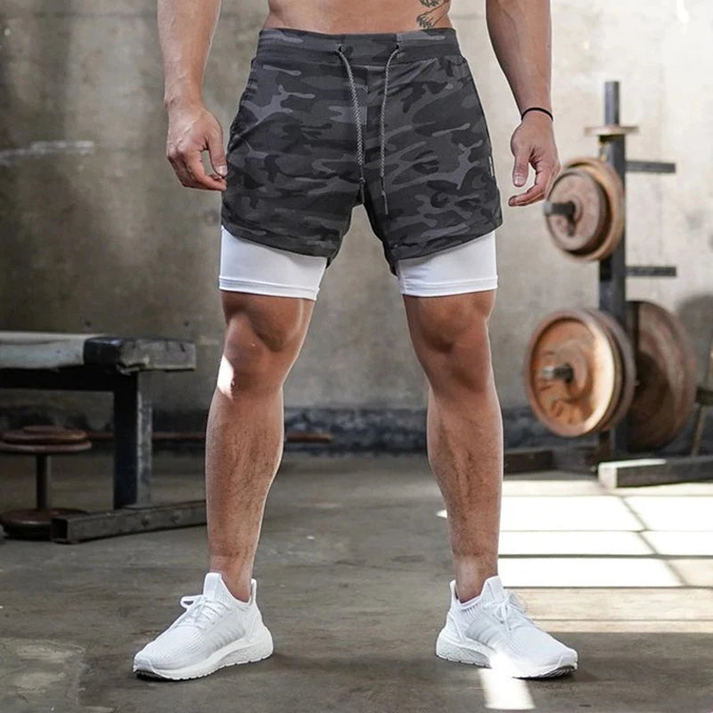 Men 2-in-1 Camo Running Shorts Quick Dry Gym Fitness Training Sports Shorts