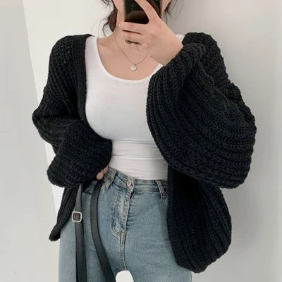 Women Lantern Sleeve Cardigan Y2K Knit Sweater