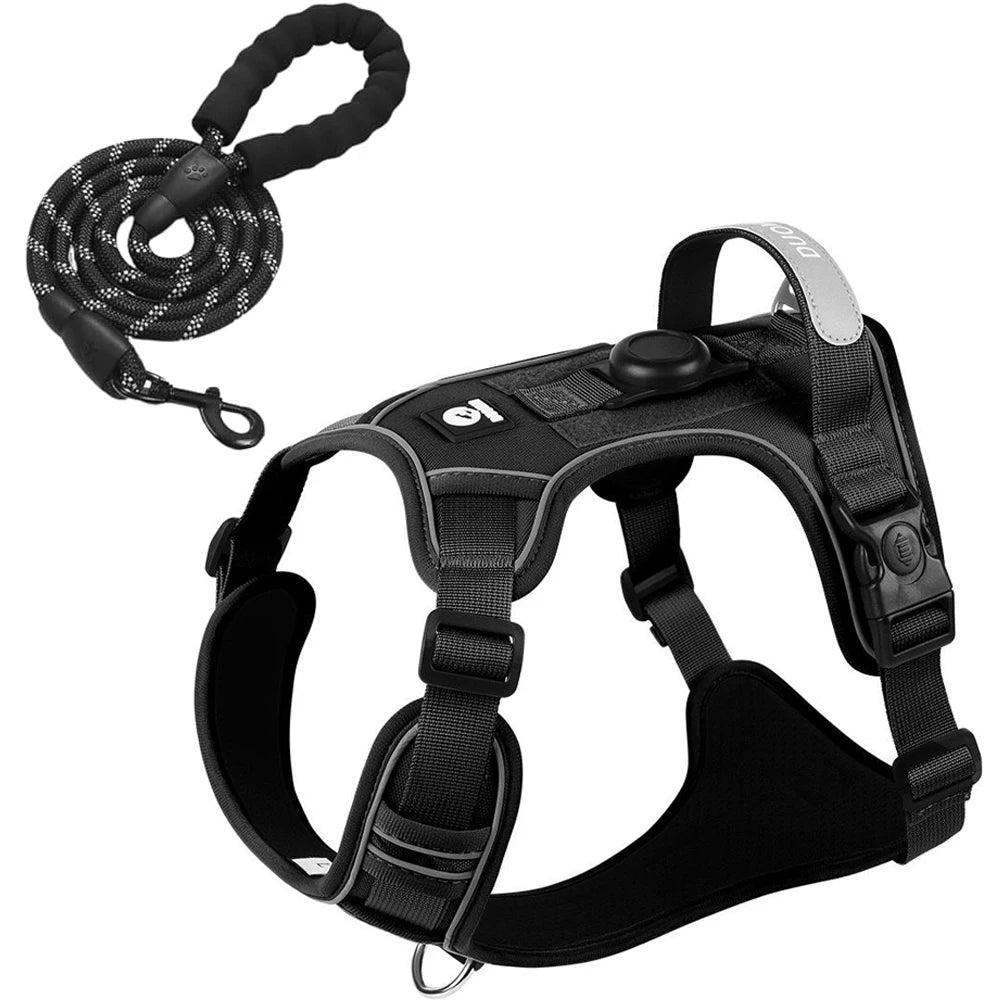 Dog Harness and Leash Set with AirTag Holder Reflective Breathable Oxford Harness
