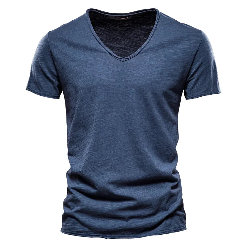 Men Cotton V-Neck Slim Fit T Shirt Short Sleeve Fashion Basic Tee