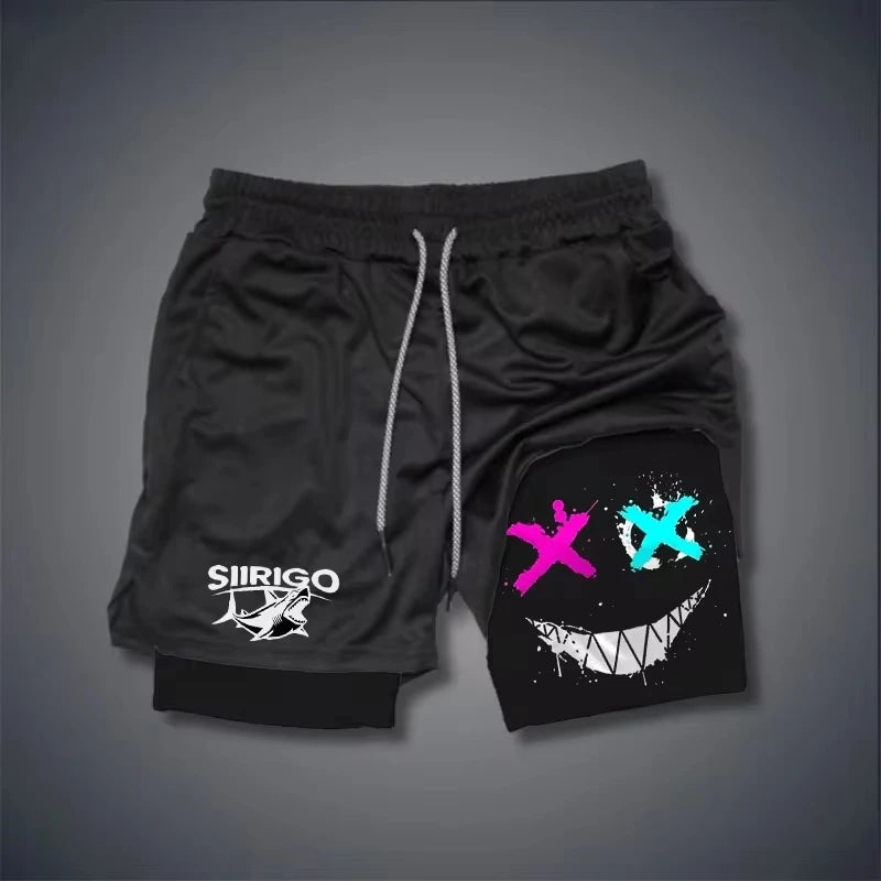 Men 2-in-1 Smiley Print Running Shorts Quick Dry Double Layer Fitness Training Sports Shorts