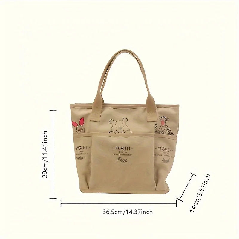 Cartoon Bear Canvas Tote Bag Large Capacity Multi Pocket Shoulder Bag