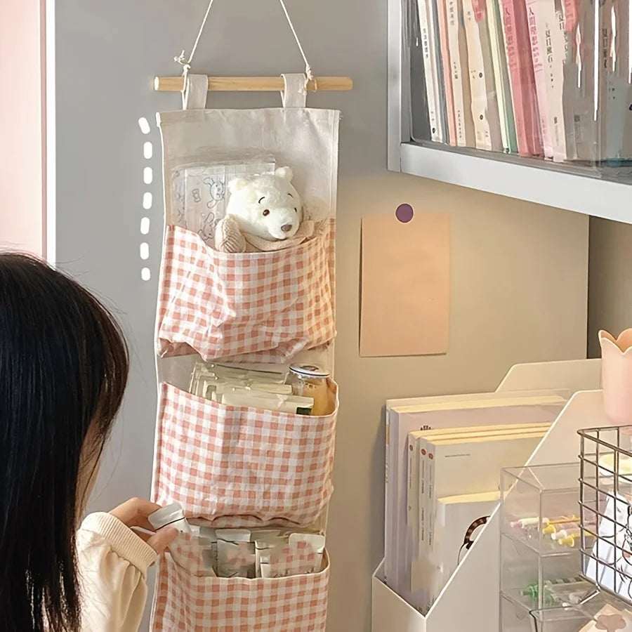 Wall Mounted Canvas Storage Bag Pink Bedroom Organizer for Books Jewelry Items