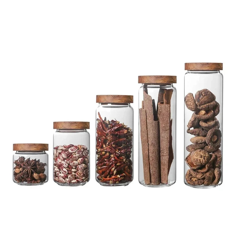 Glass Airtight Food Storage Jar with Wooden Lid Kitchen Canister