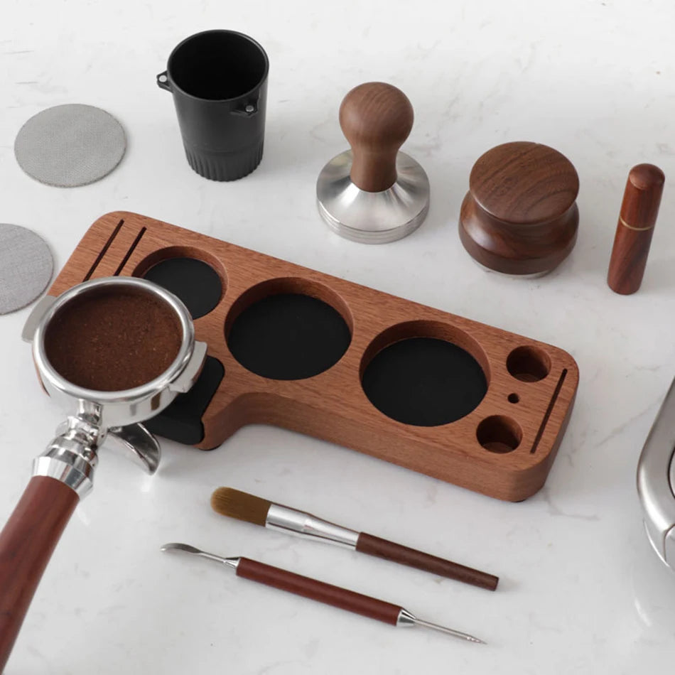Espresso Tamper Mat Station Walnut Wood Portafilter Holder 51 54 58mm