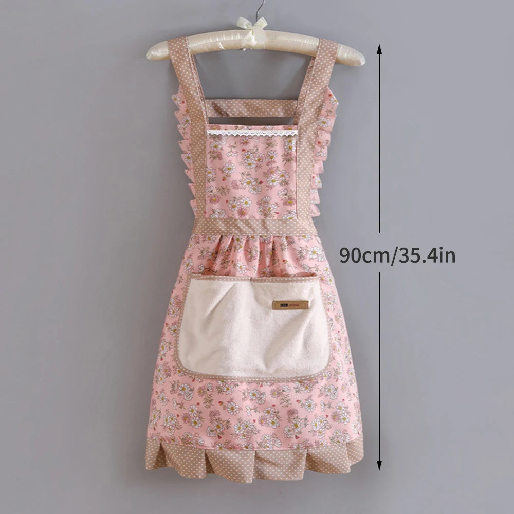 Women Floral Kitchen Apron with Pocket Adjustable Cooking Apron