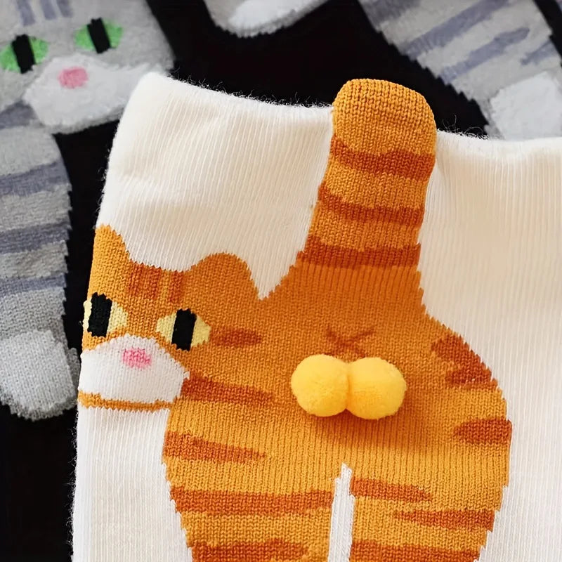 3D Cute Cat Socks Women Mid Tube Sleep Socks Black White Cat Print Floor Socks