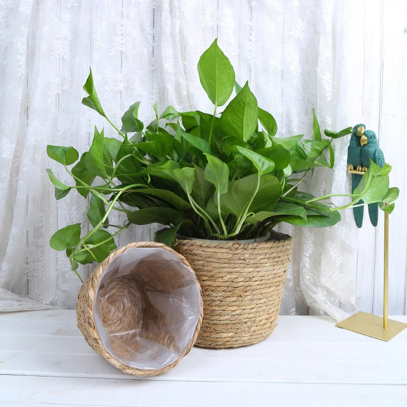 Straw Weaving Plant Pot Basket Grass Planter Cover Indoor Outdoor Flower Container