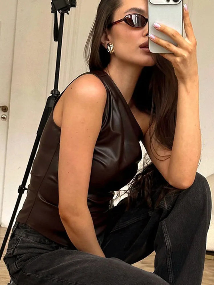 Women One Shoulder Slim Fit Sleeveless Zipper Jacket Solid Color Fall Winter Top