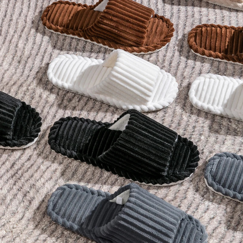 Corduroy Open Toe Slippers Unisex Cozy Indoor Home Slides Soft Anti-Slip Minimalist Shoes