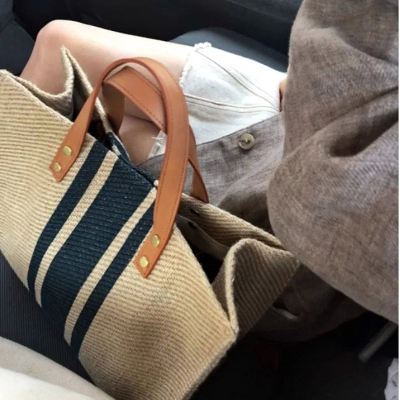 Canvas Stripe Bucket Tote Bag Large Capacity Women Handbag