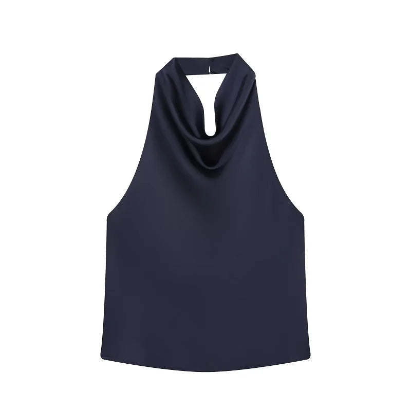 Women Satin Halter Backless Top Summer Beach Camisole Crop Top