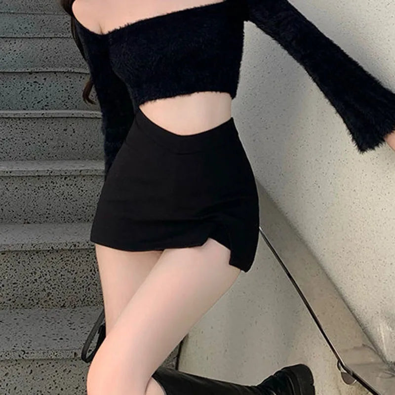 Women High Waist Split Mini Skirt