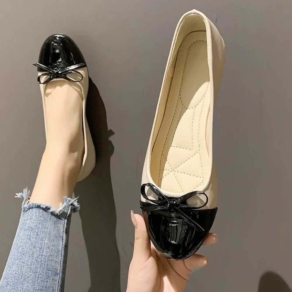 Women Leather Ballerina Flats Bowknot Loafers Non Slip Comfort Shoes