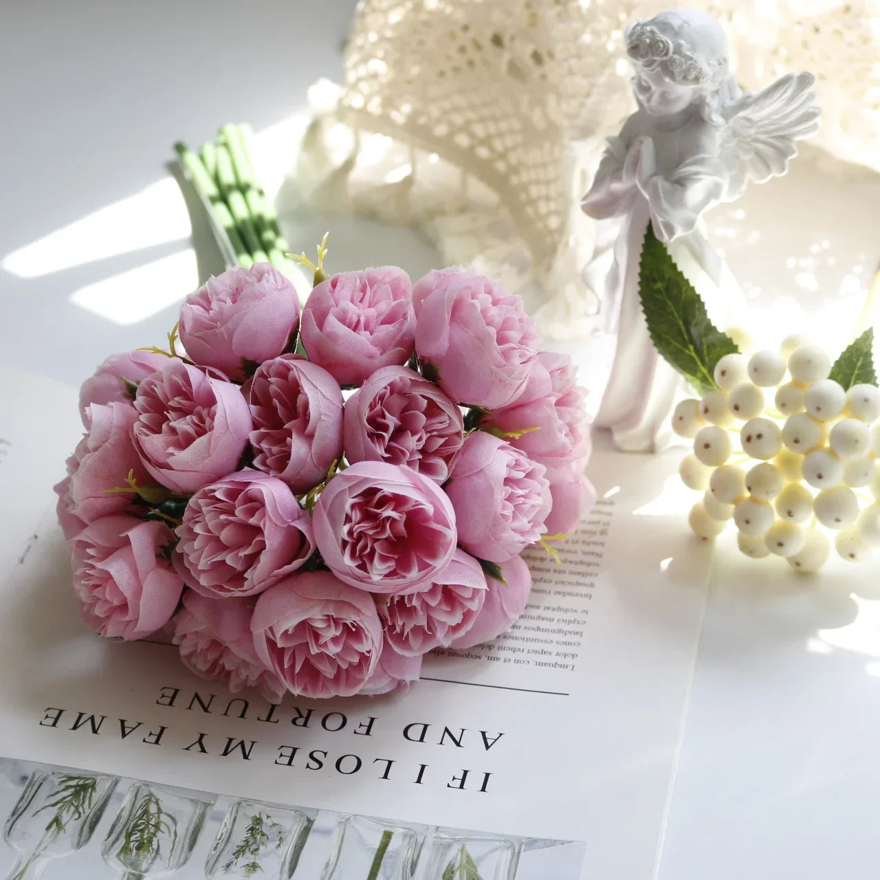 Artificial Pink Peony Rose Bouquet Silk Flowers 27 Heads Home Wedding Decor