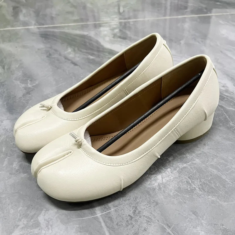 Women Tabi Split Toe Pumps Microfiber Leather Low Heel Pleated Loafers Casual Shoes Summer
