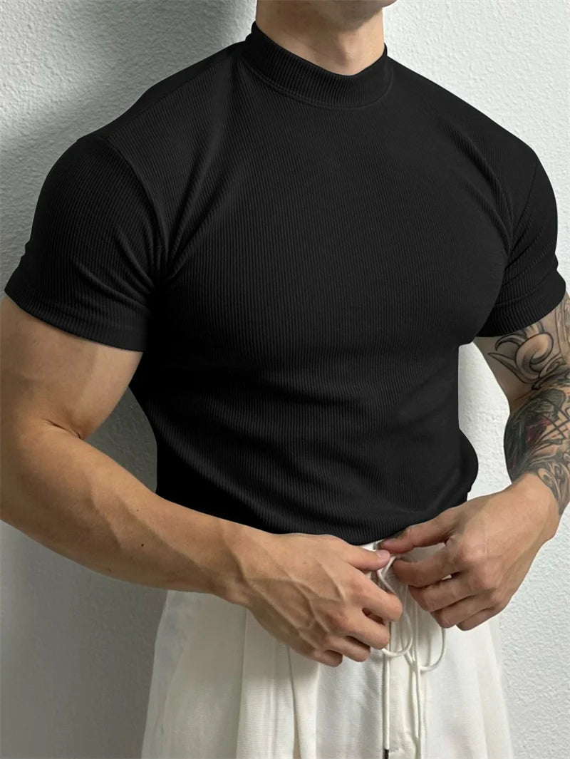 Men High Collar Stripe T Shirt Short Sleeve Summer Fitness Sport Casual Top