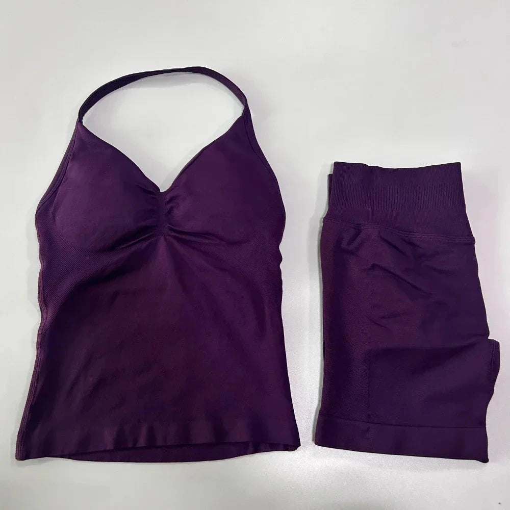 Yoga Set Women Seamless Tank Top High Waist Scrunch Shorts Gym Workout Set