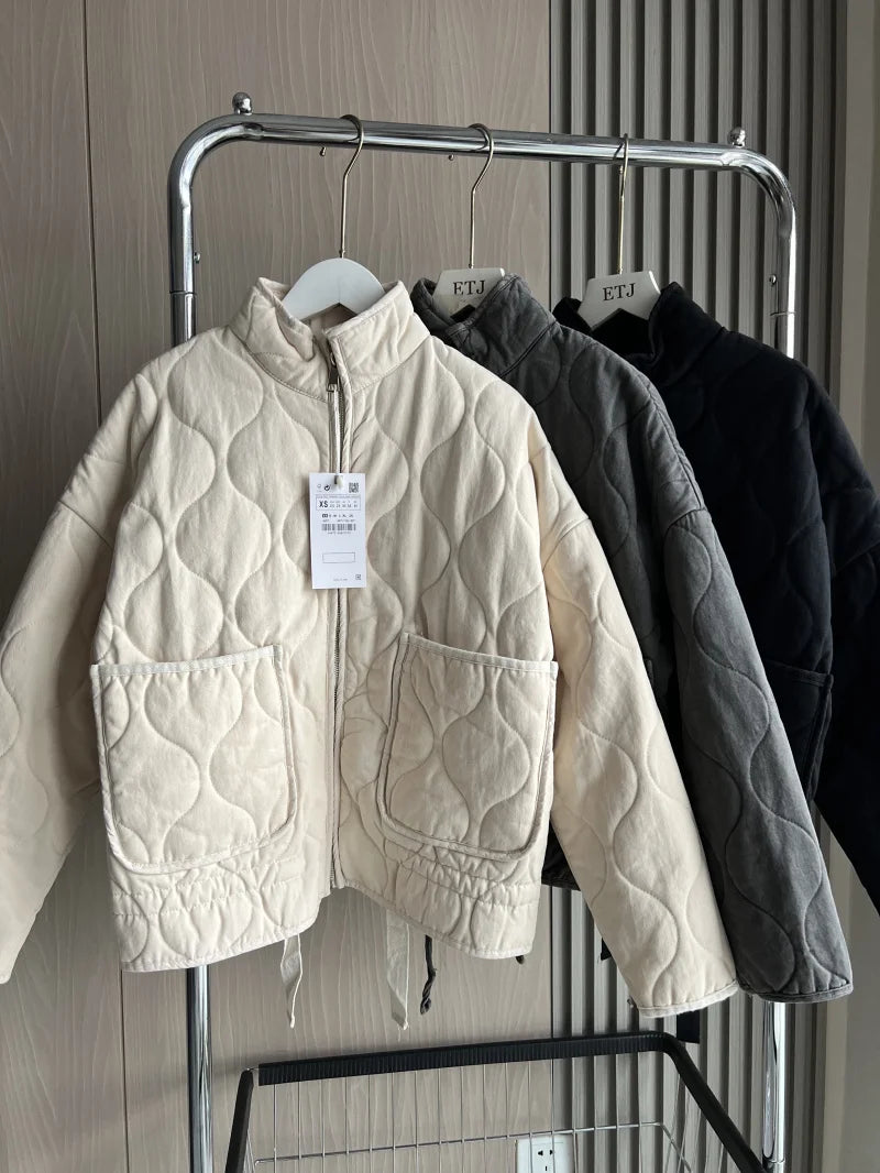 Women Quilted Padded Jacket High Collar Large Pocket Vintage Winter Coat
