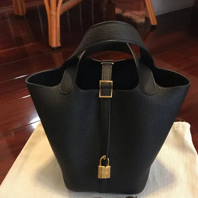 Women Bucket Handbag Soft PU Litchi Pattern Tote Bag with Lock and Scarf