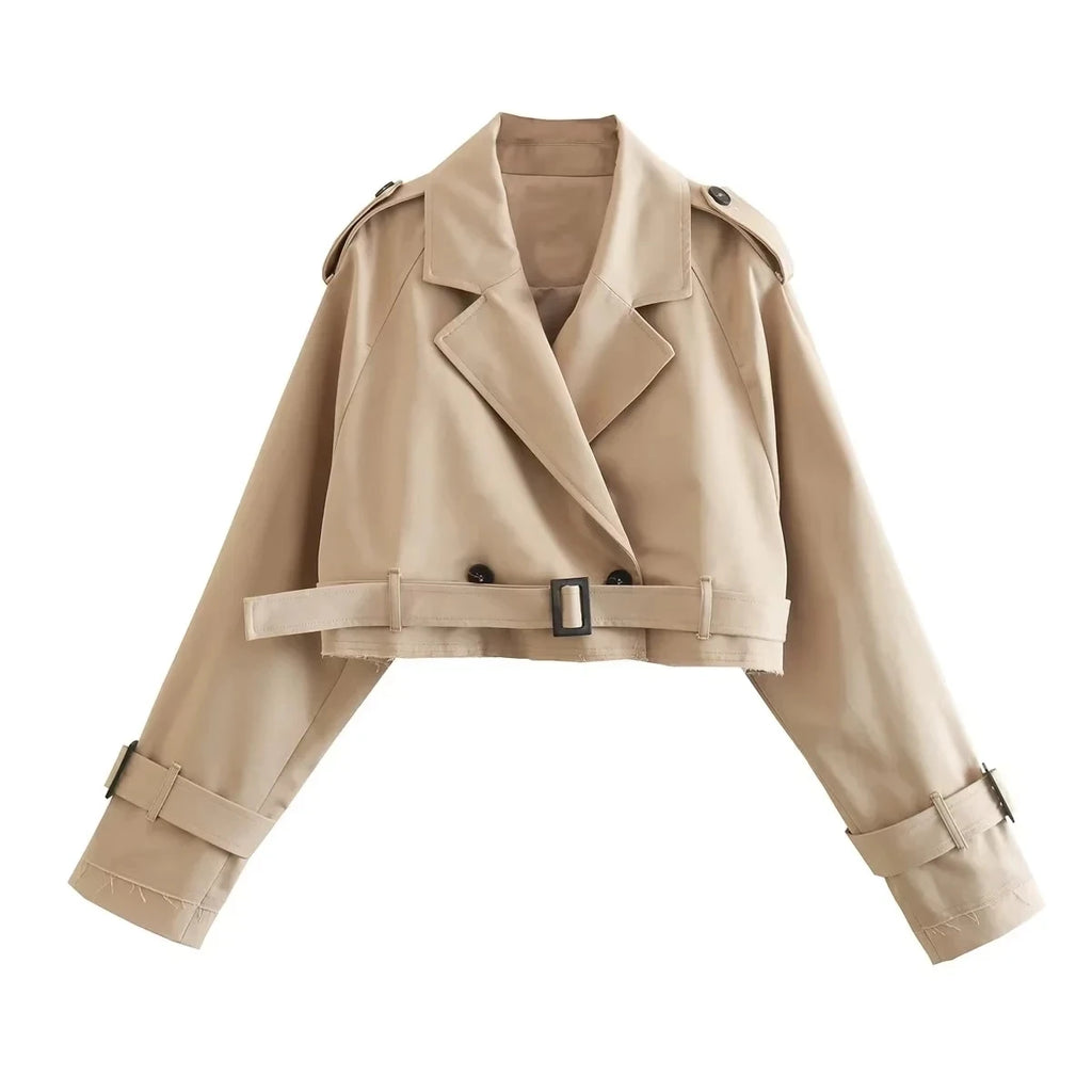 Women Cropped Trench Coat Vintage Double Breasted Belted Spring Jacket