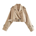 Women Cropped Trench Coat Vintage Double Breasted Belted Spring Jacket